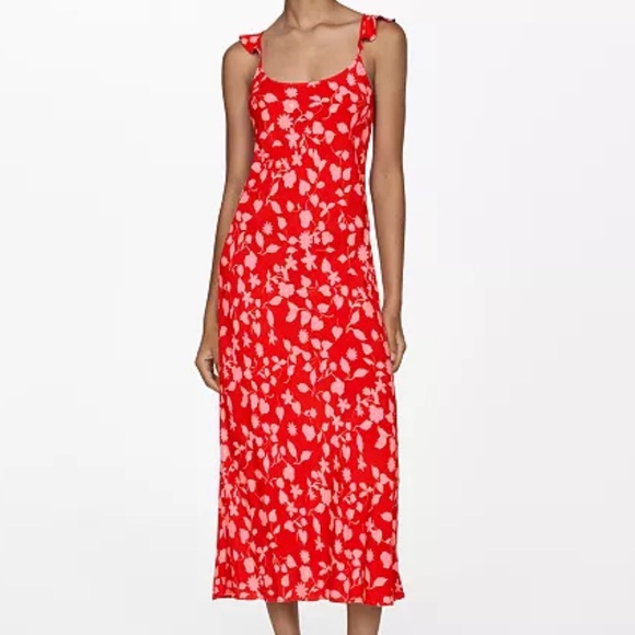 NWT MNG Red & Pink Floral Midi Dress Slip Tie Open Back - Picture 1 of 9